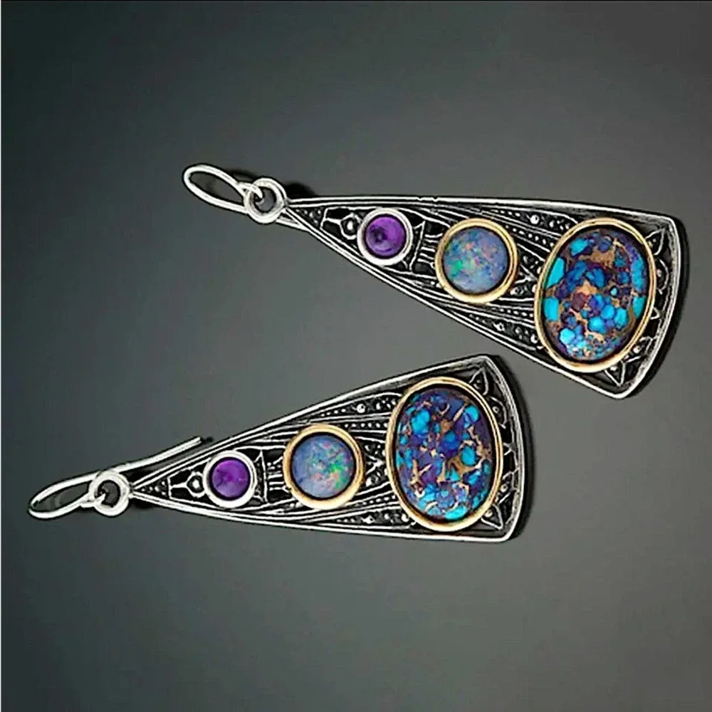 Vintage Handmade Boho Earrings, Silver Geometric - Picture 4 of 6